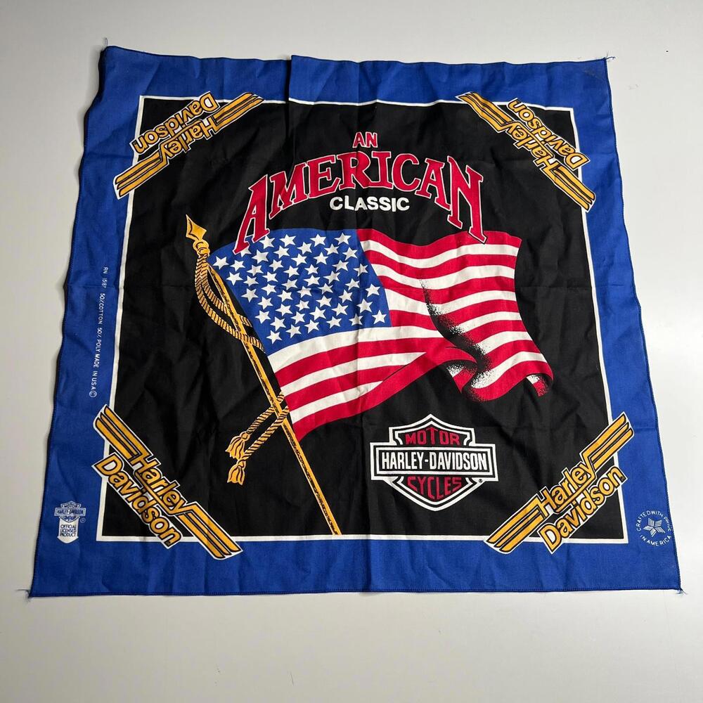 Vintage 90s Harley-Davidson “An American Classic” USA Flag Bandana Blue Made USA